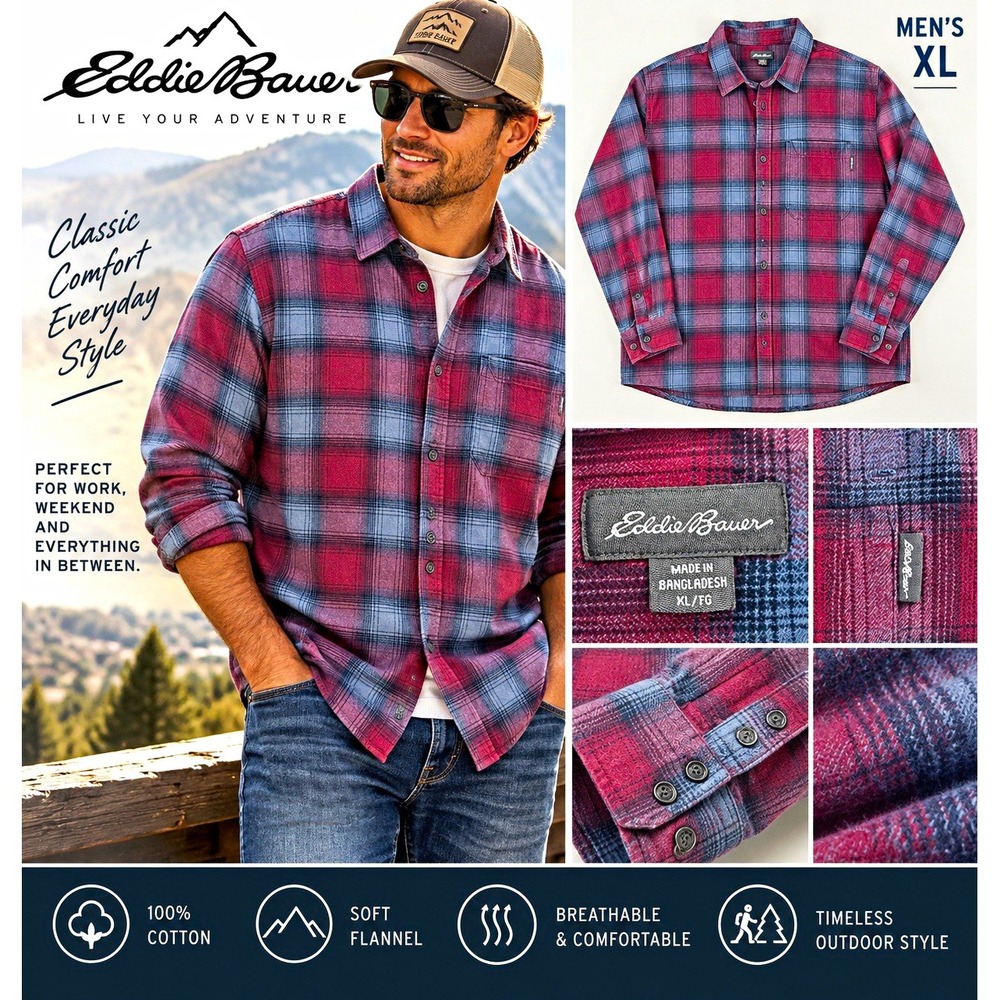 Eddie Bauer Mens XL Flannel Shirt Red Blue Plaid Cotton Button Down EMT4554S